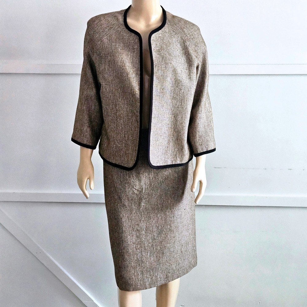 Kasper Brown/Black Textured Skirt Suit Set Open Jacket Pencil Skirt Size 16 - Picture 2 of 8